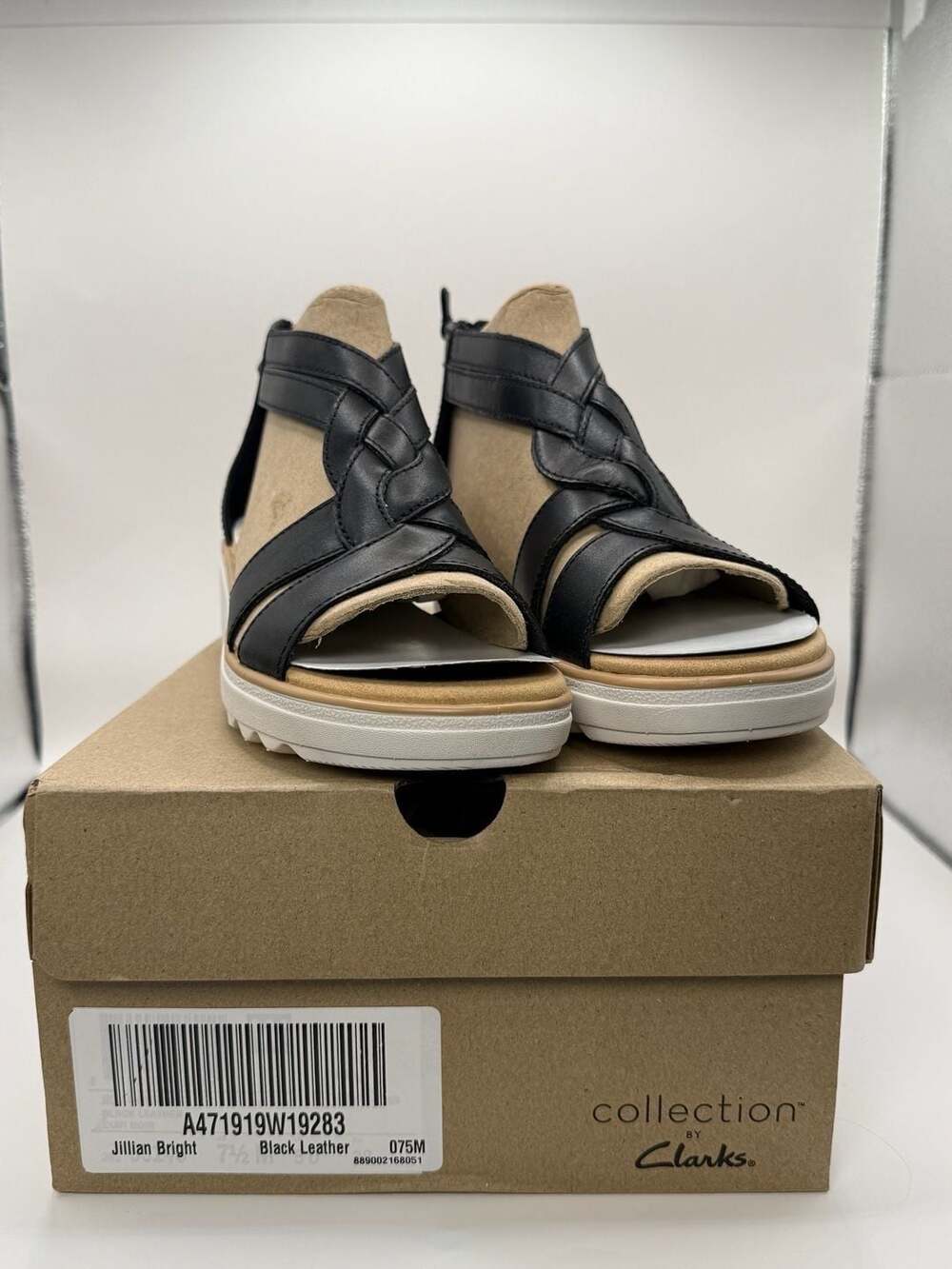 Clarks Jillian Bright Black Leather Wedge Sandals